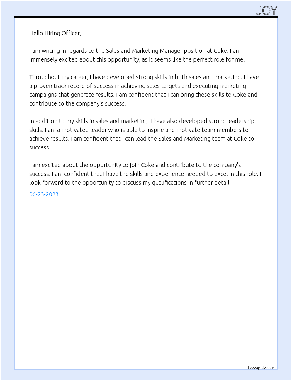 sales and marketing manager At coke Cover Letter