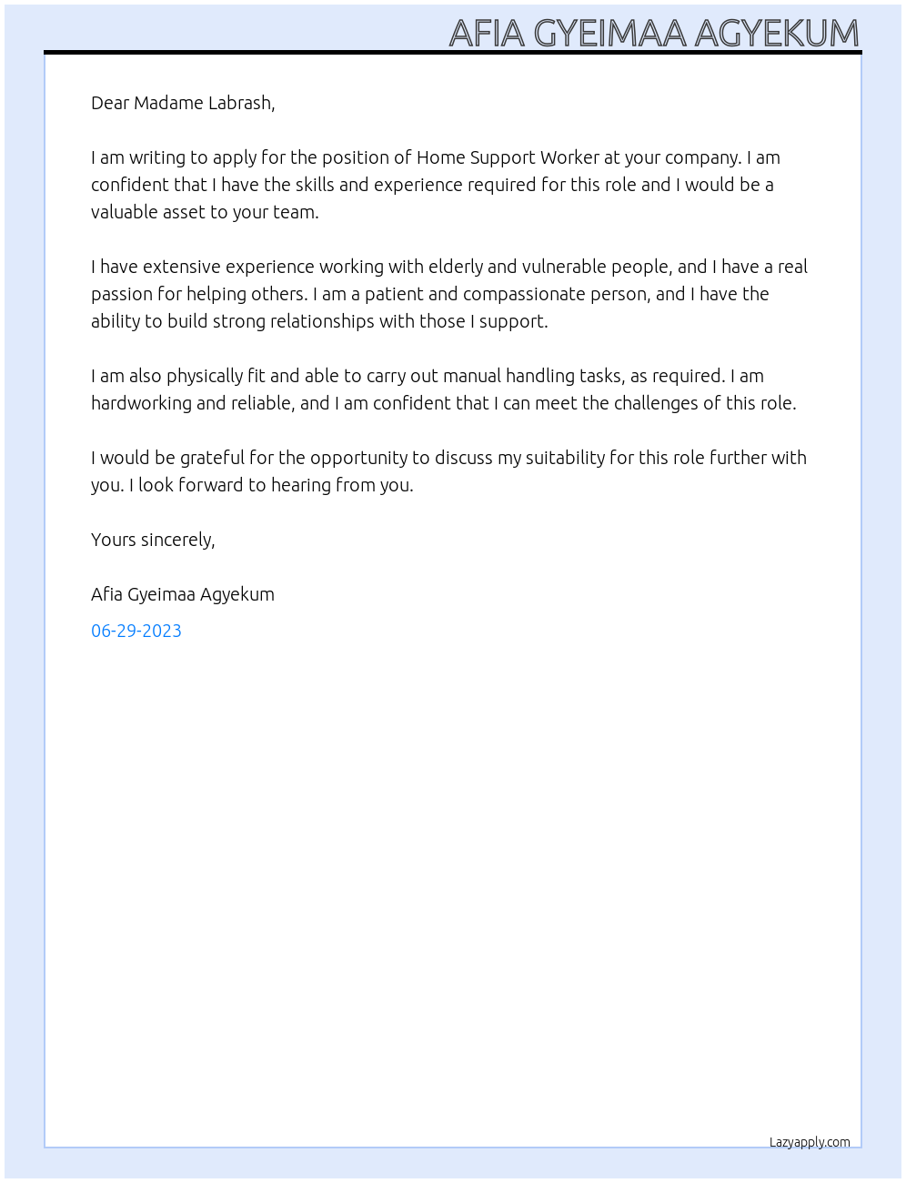 Home Support Worker At Josephine Labrash Cover Letter