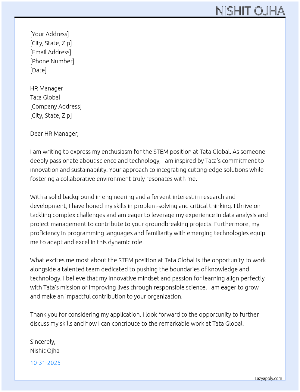 STEM At Tata Global Cover Letter