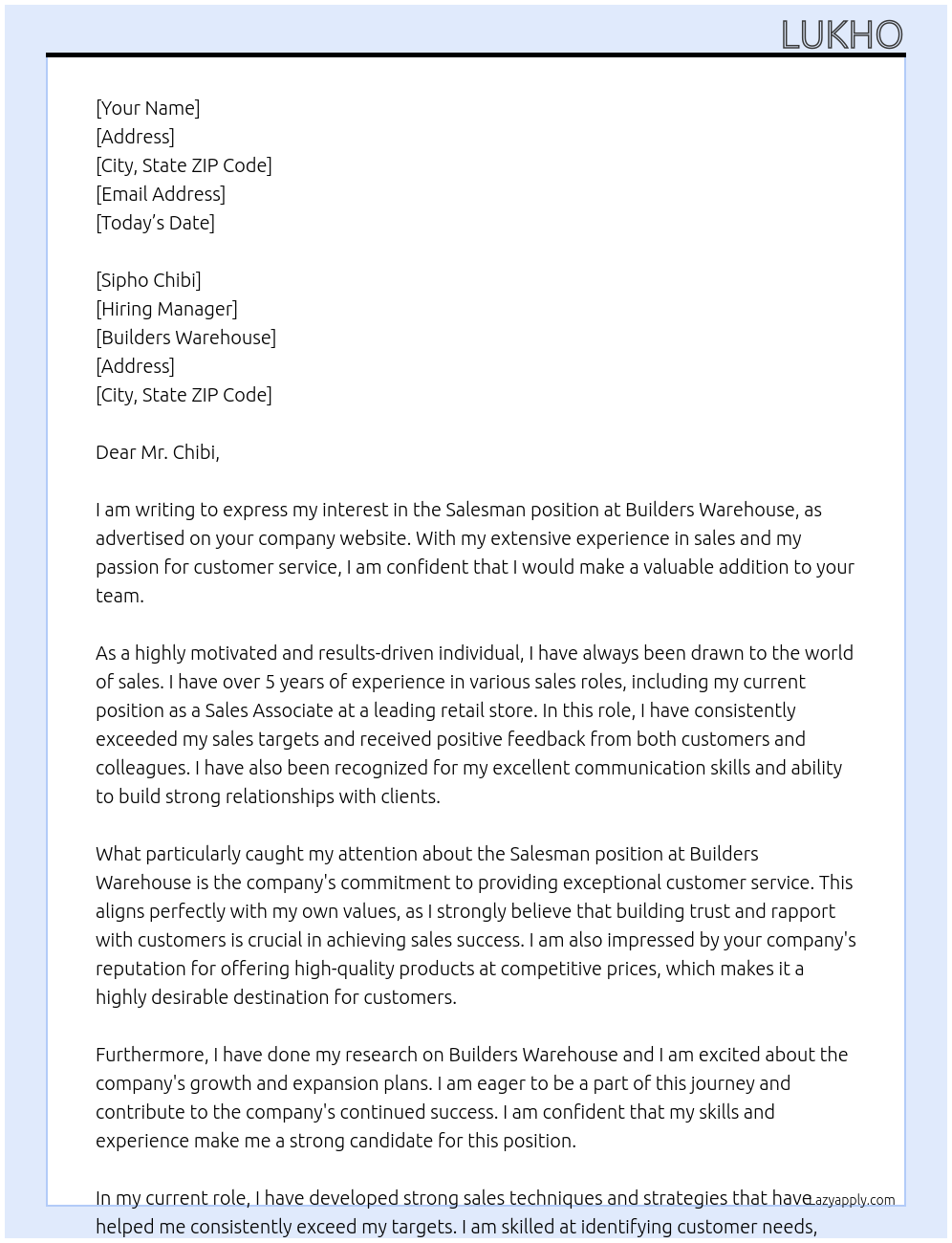 Salesman At Builders warehouse Cover Letter