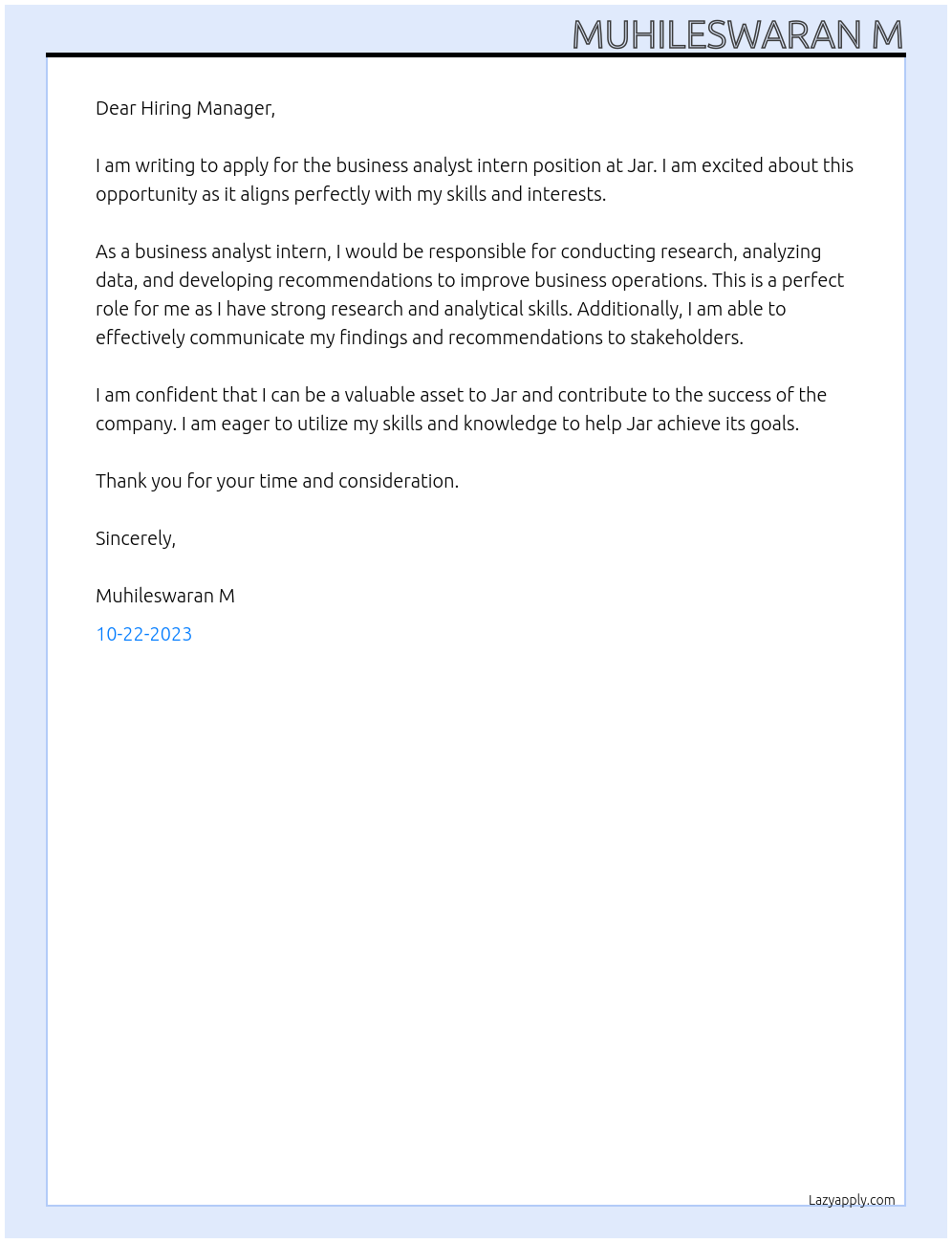 business analyst intern At Jar Cover Letter