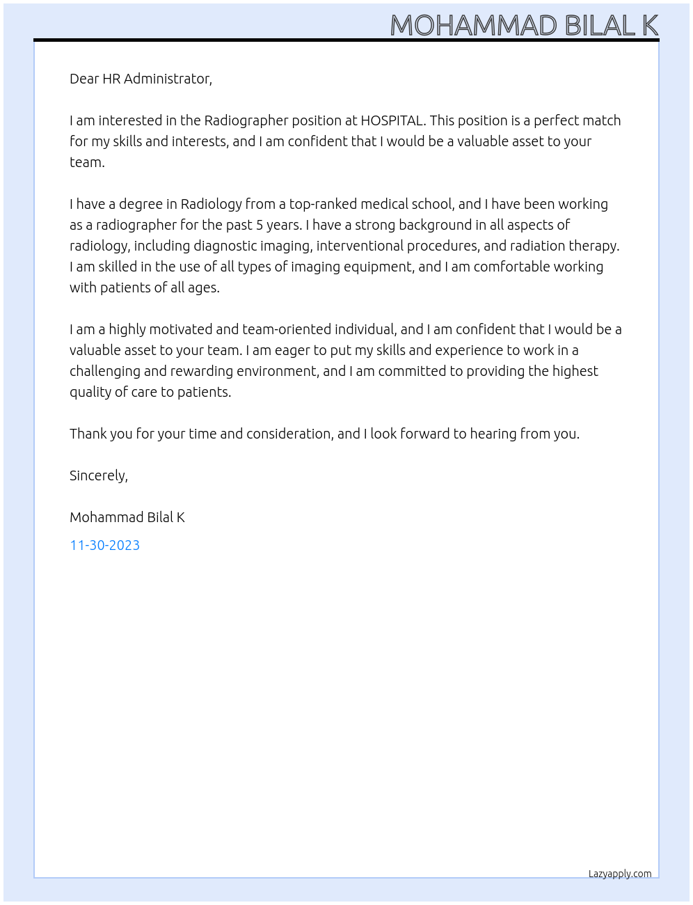 RADIOGRAPHER At HOSPITAL Cover Letter