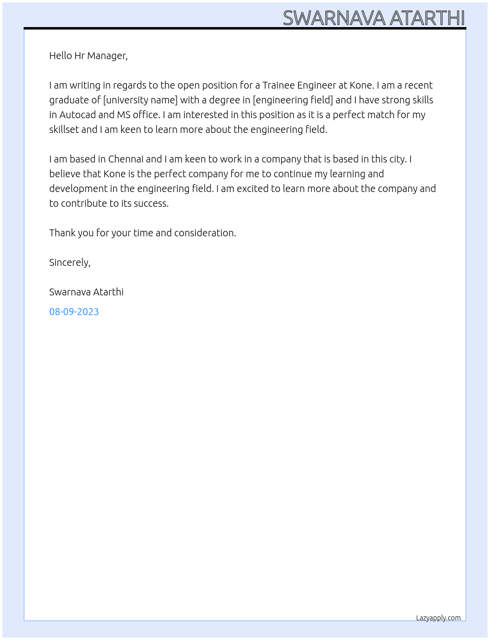 Diploma Engineer At Kone Cover Letter