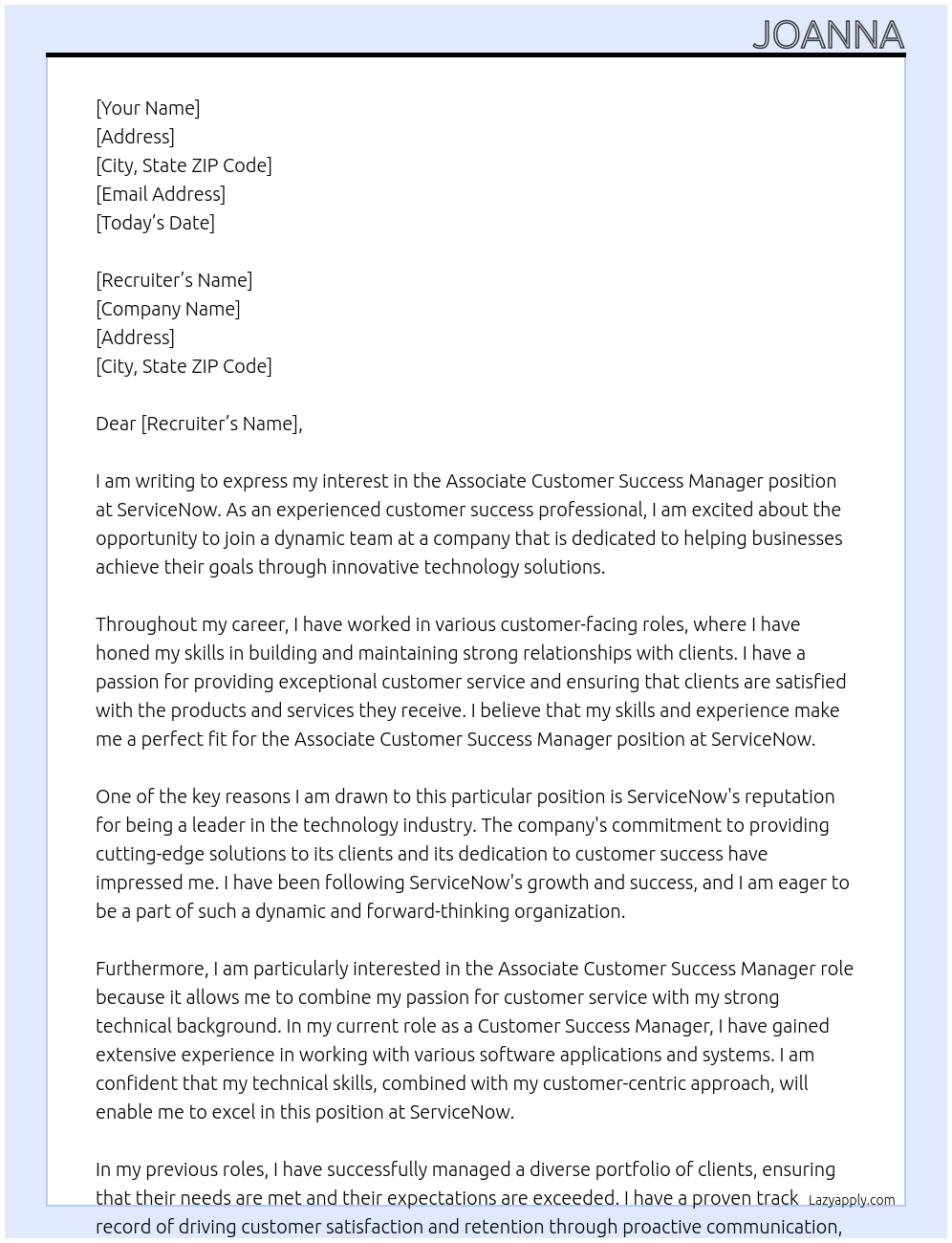Associate Customer Success Manager At servicenow Cover Letter