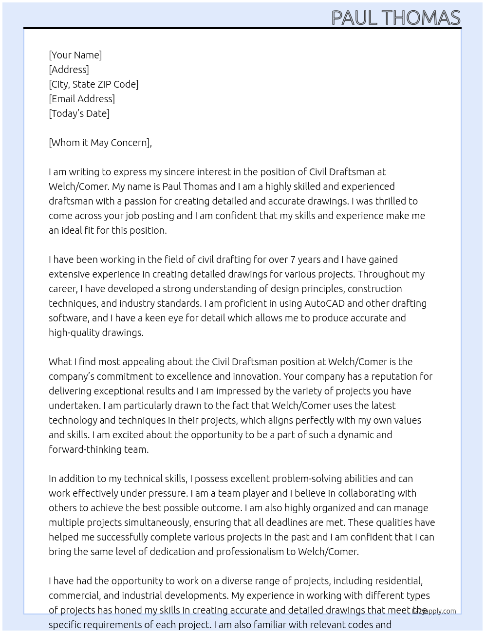 Cover letter for civil draftsman - LazyApply