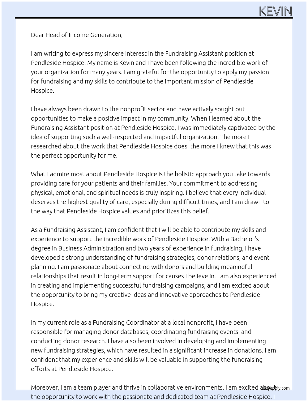 Fundraising Assistant  At Pendleside Hospice Cover Letter