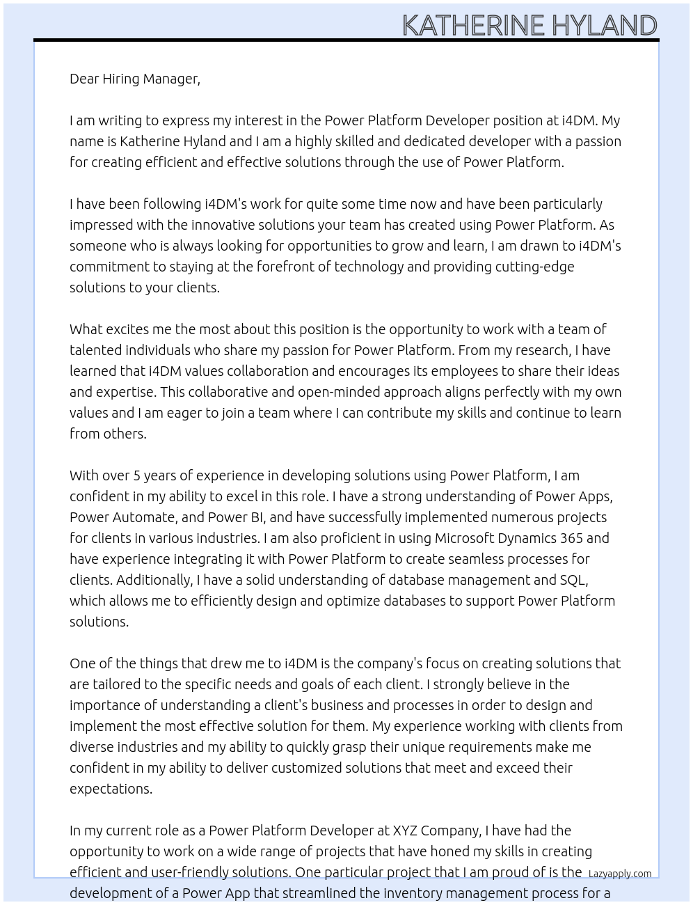 Power Platform Developer At i4DM Cover Letter