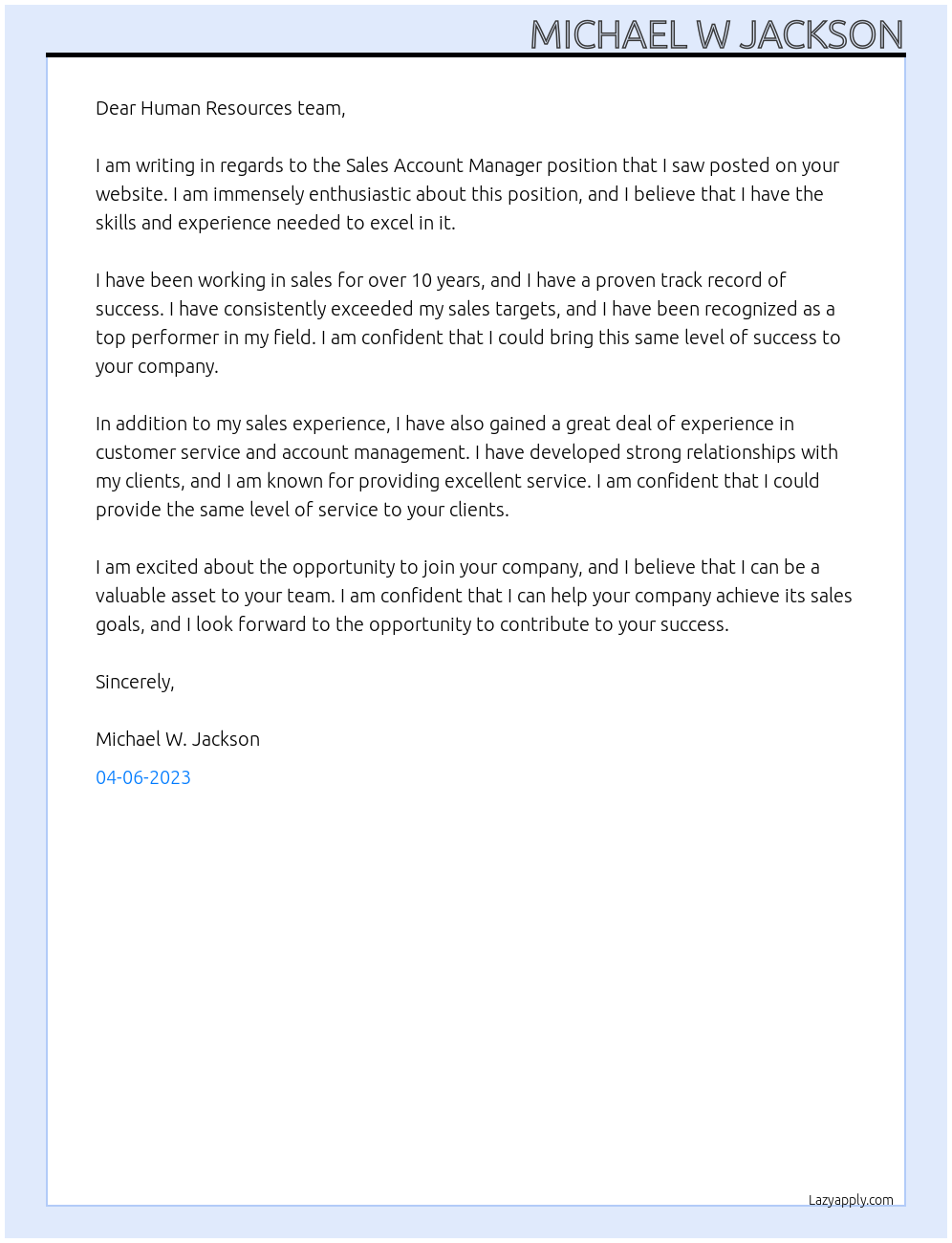 Sales account manager At Test Cover Letter