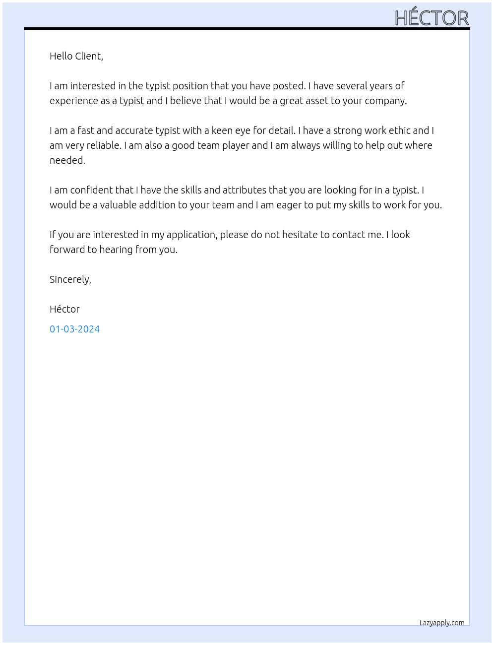 typist At Client Cover Letter