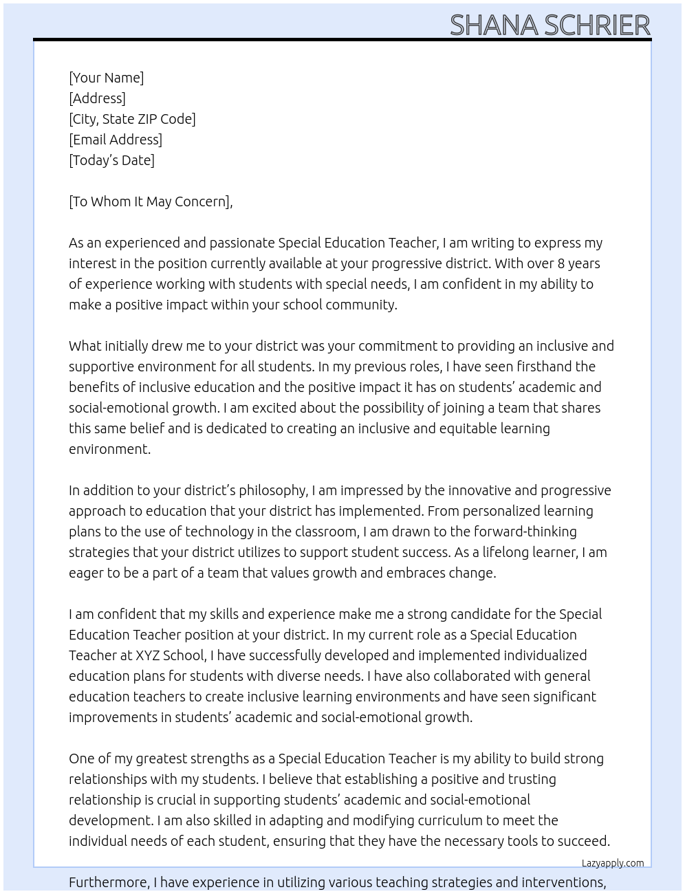 Special Education Teacher At your progressive district Cover Letter