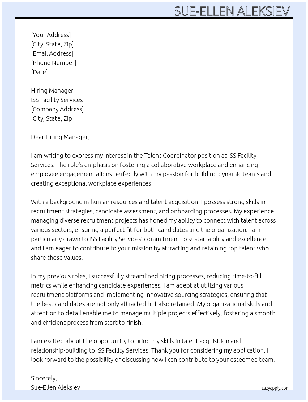 Talent Coordinator  At ISS Facility Services Cover Letter