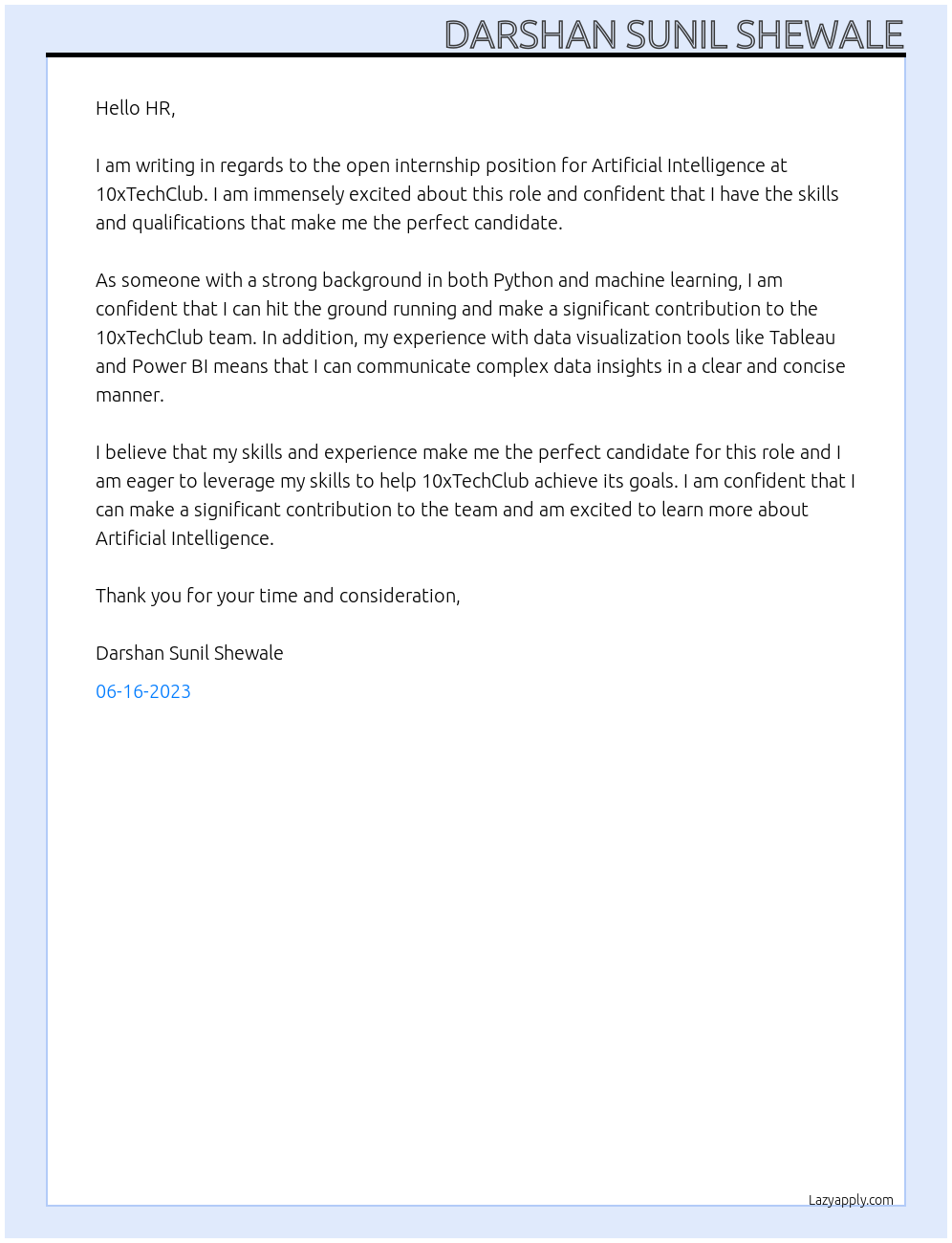 Artificial Intelligence At 10xTechClub Cover Letter