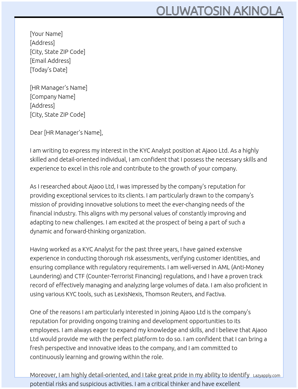 kyc analyst At Ajaoo Ltd Cover Letter