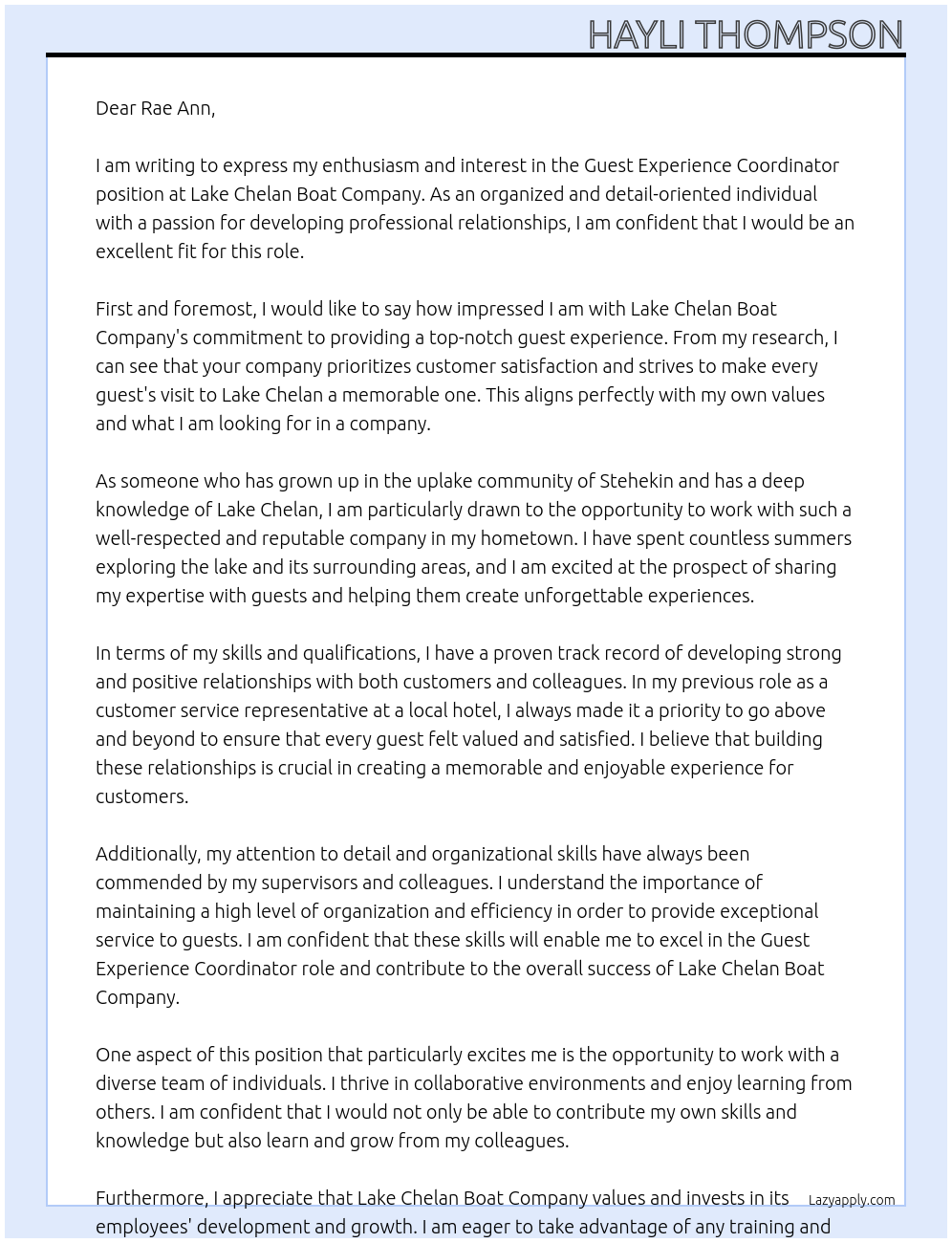 Guest Experience Coordinator At Lake Chelan Boat Company Cover Letter
