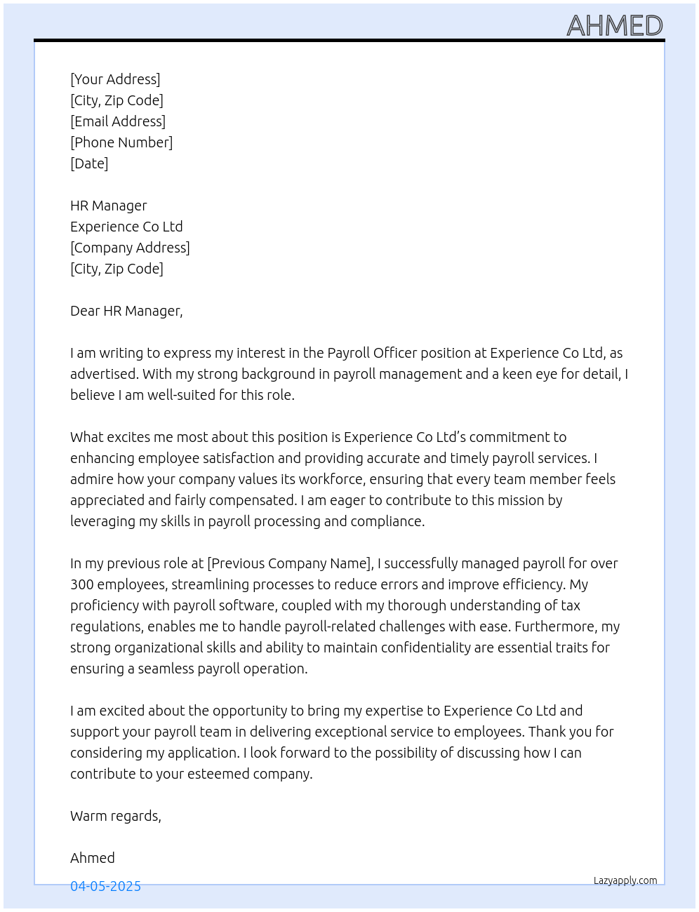 Payroll Officer At Experience Co Ltd Cover Letter