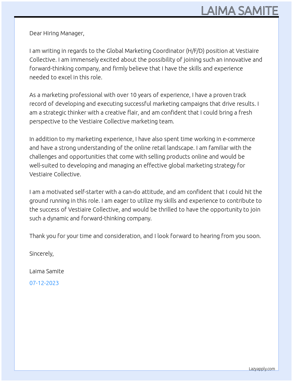 Global Marketing Coordinator (H/F/D) At Vestiaire Collective Cover Letter