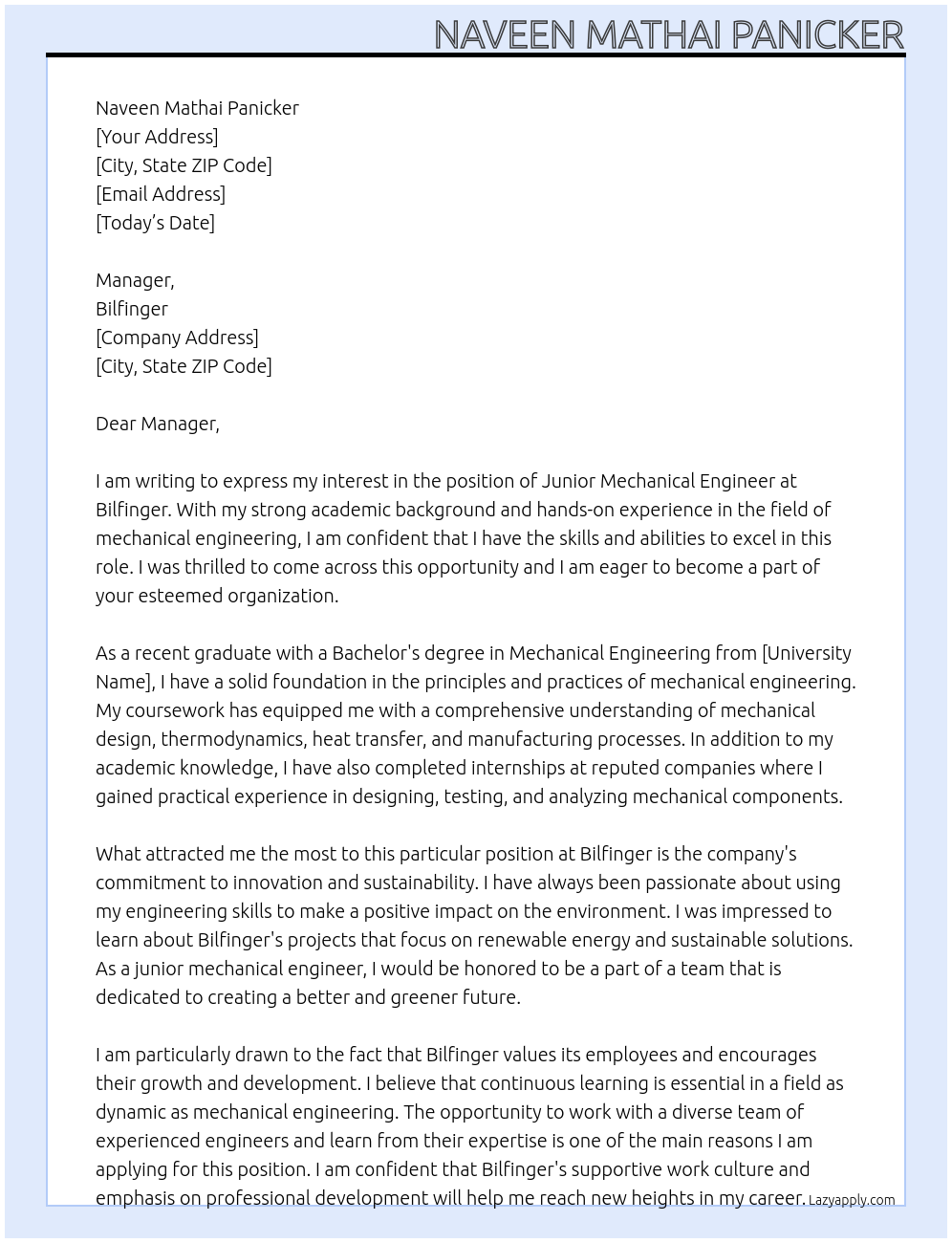 junior mechanical engineer At bilfinger Cover Letter