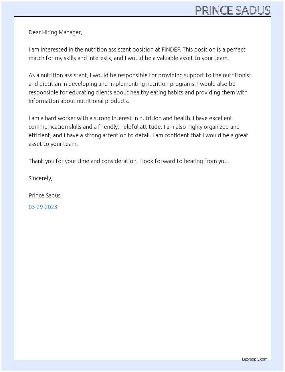 nutrition assistant At FINDEF Cover Letter