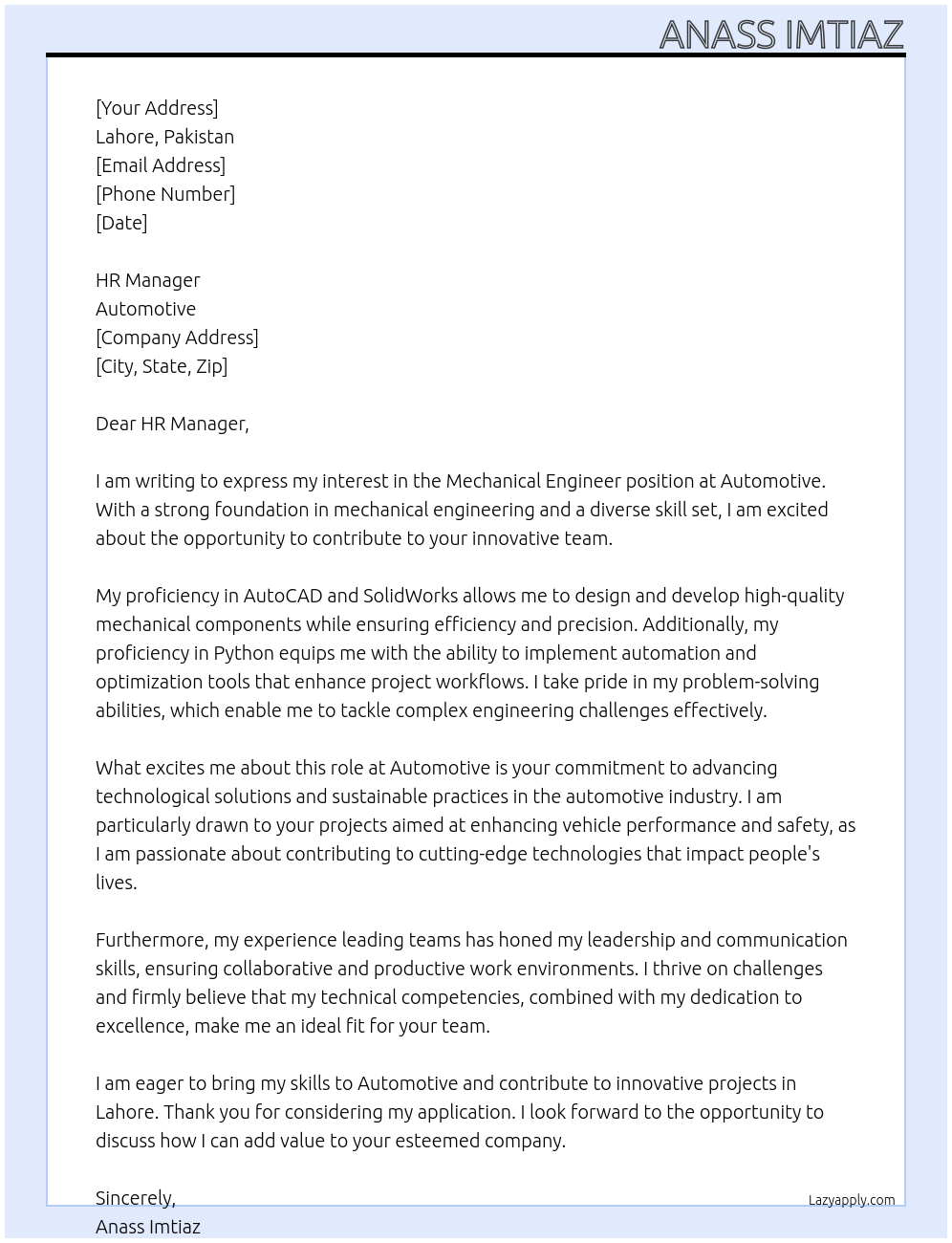 Mechanical Engineer At Automotive Cover Letter