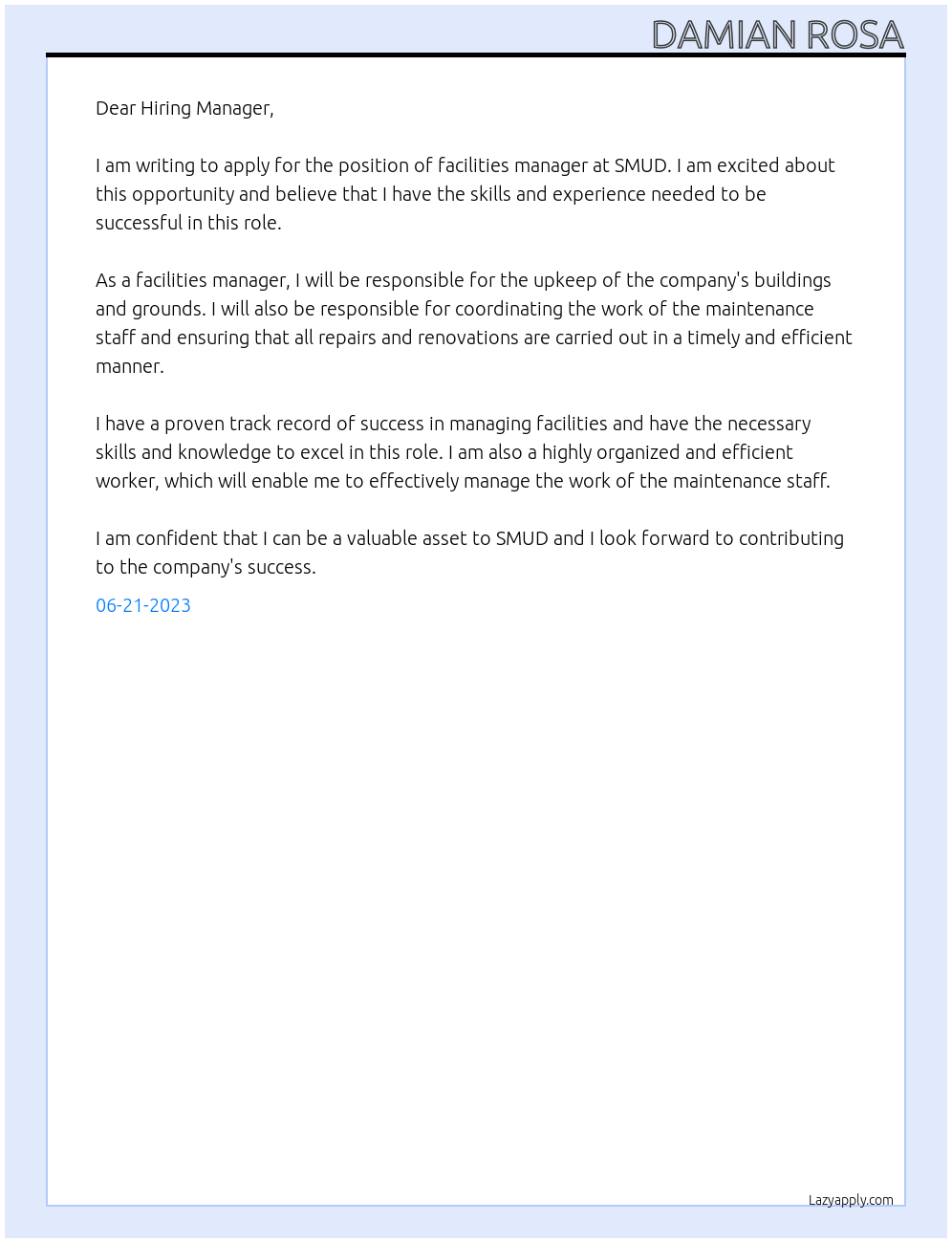 facilities manager  At SMUD Cover Letter