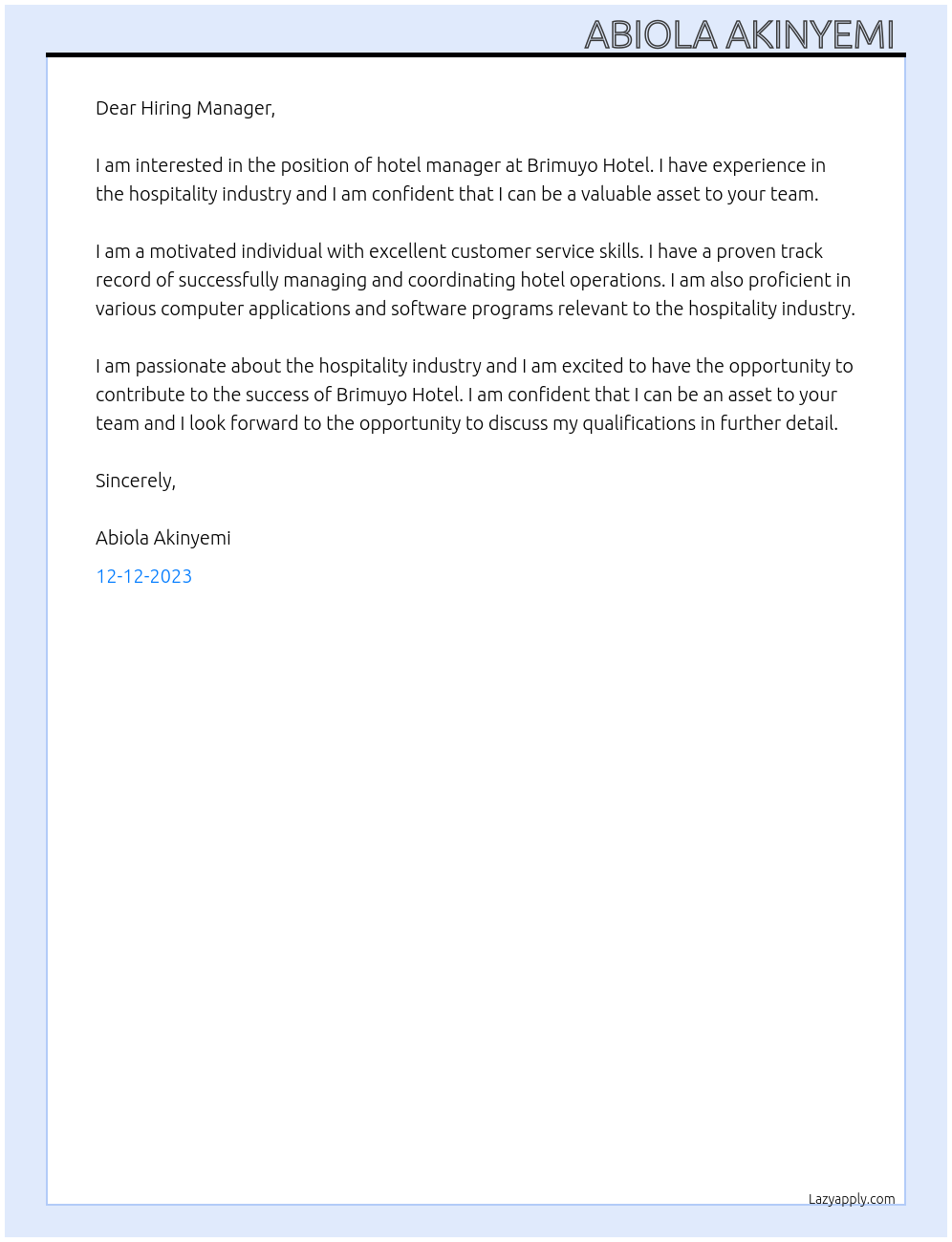 Hotel manager At Brimuyo Hotel Cover Letter