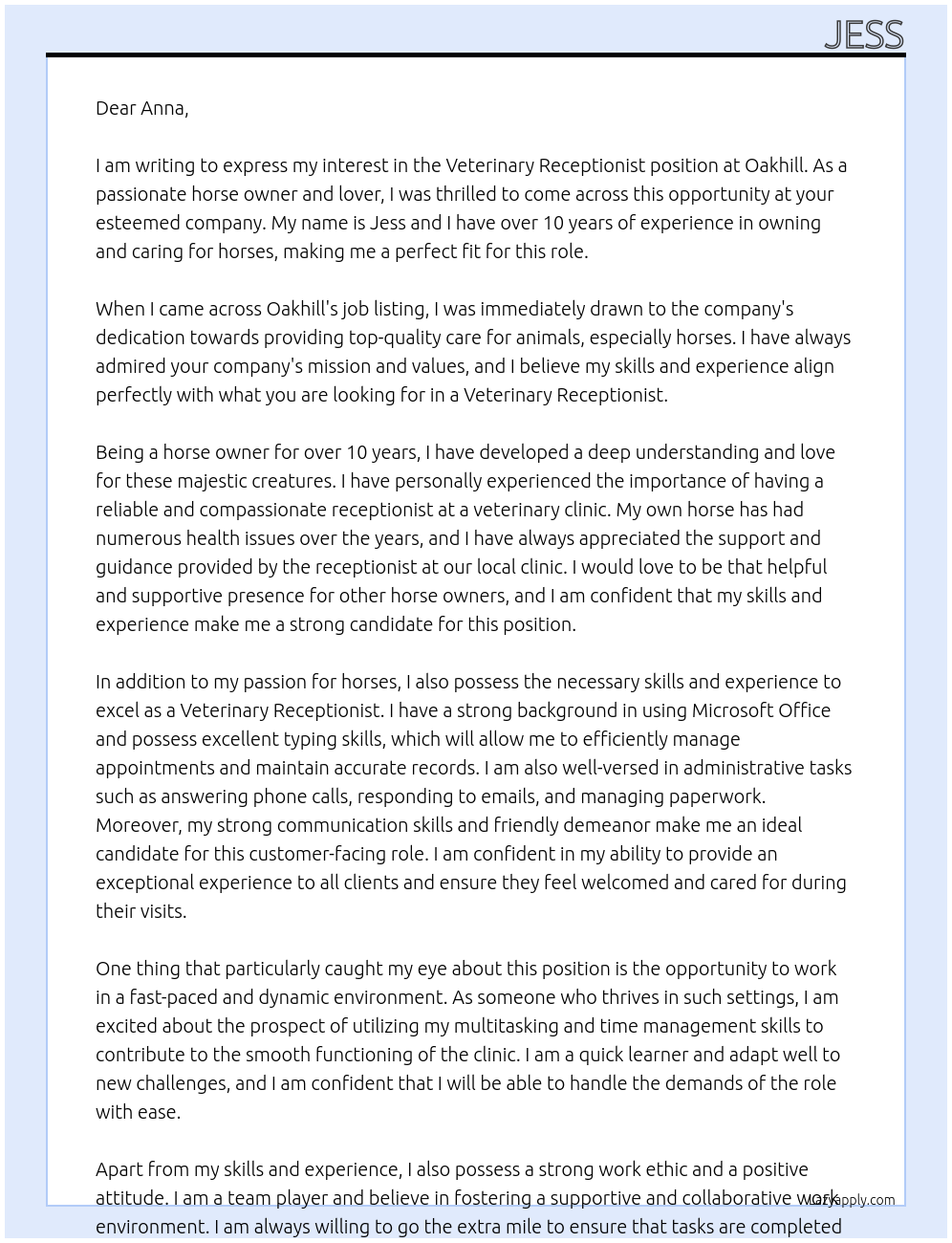 Veterinary Receptionist At Oakhill Cover Letter