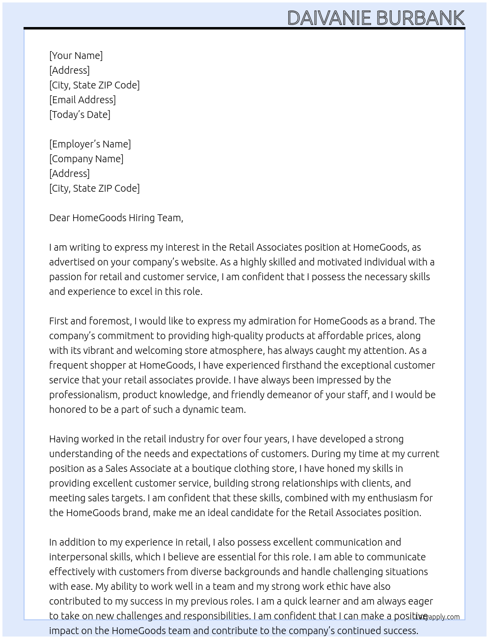 Retail Associates At HomeGoods Cover Letter