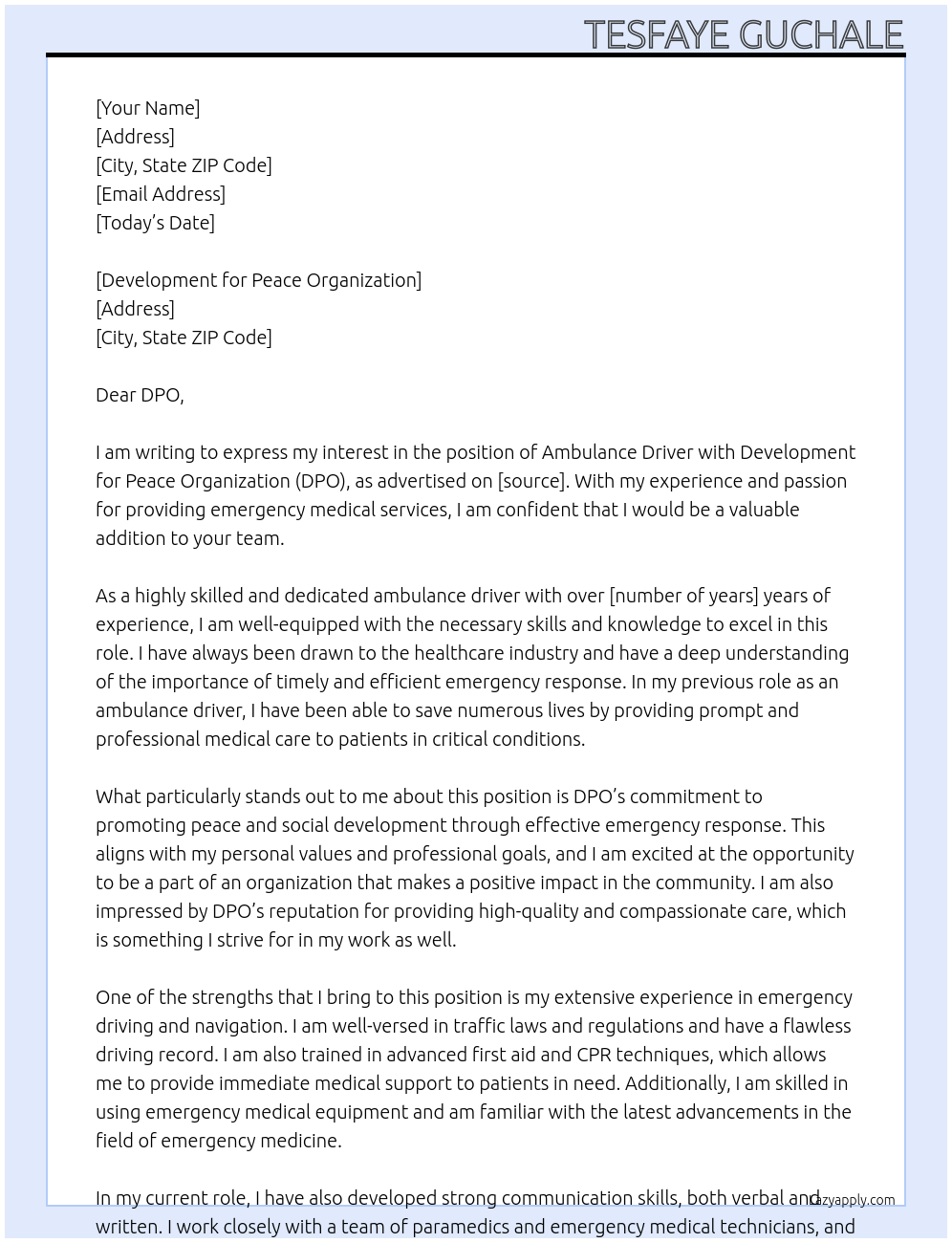 Ambulance Driver At Development for Peace Organization Cover Letter