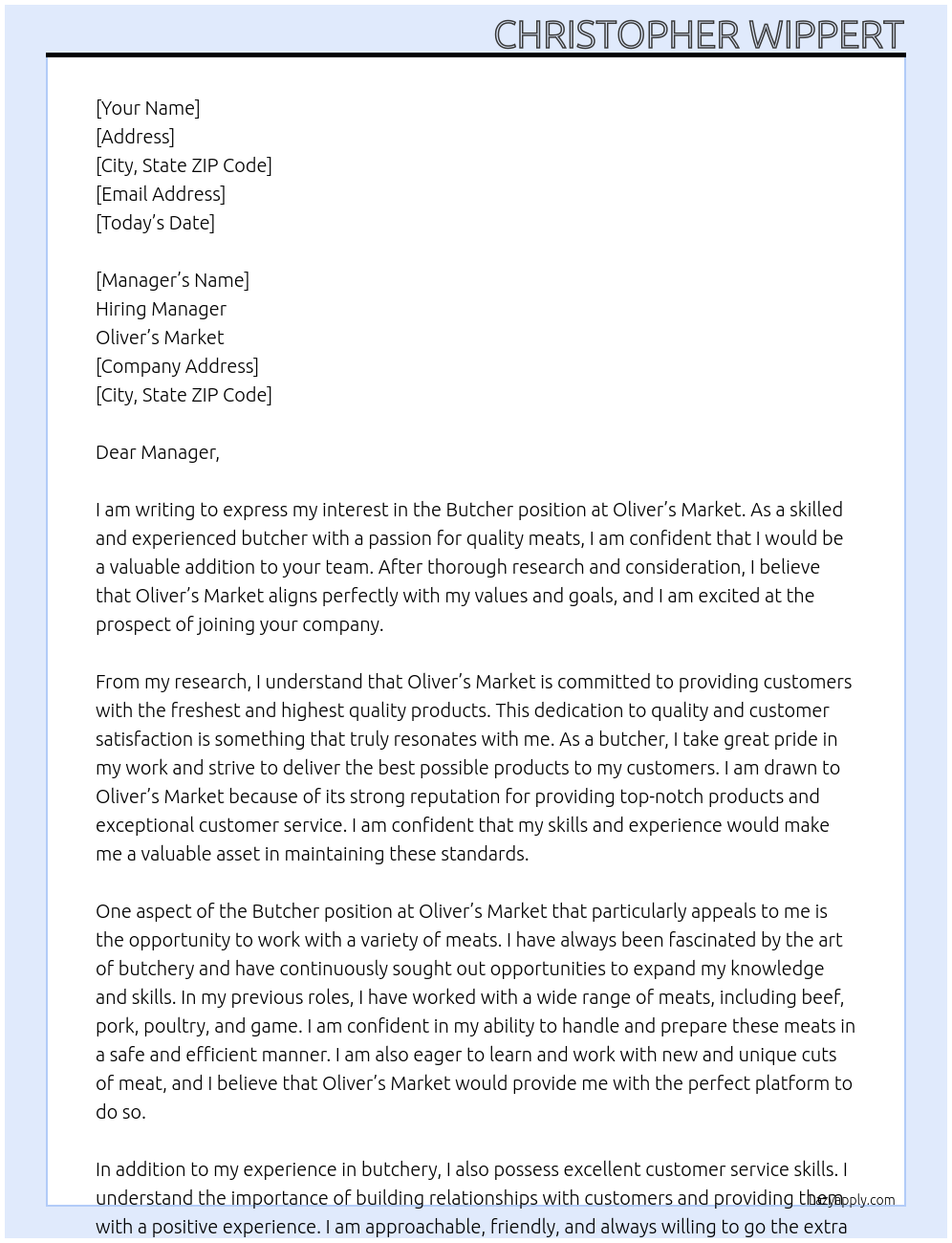 Butcher At Oliver's Market Cover Letter