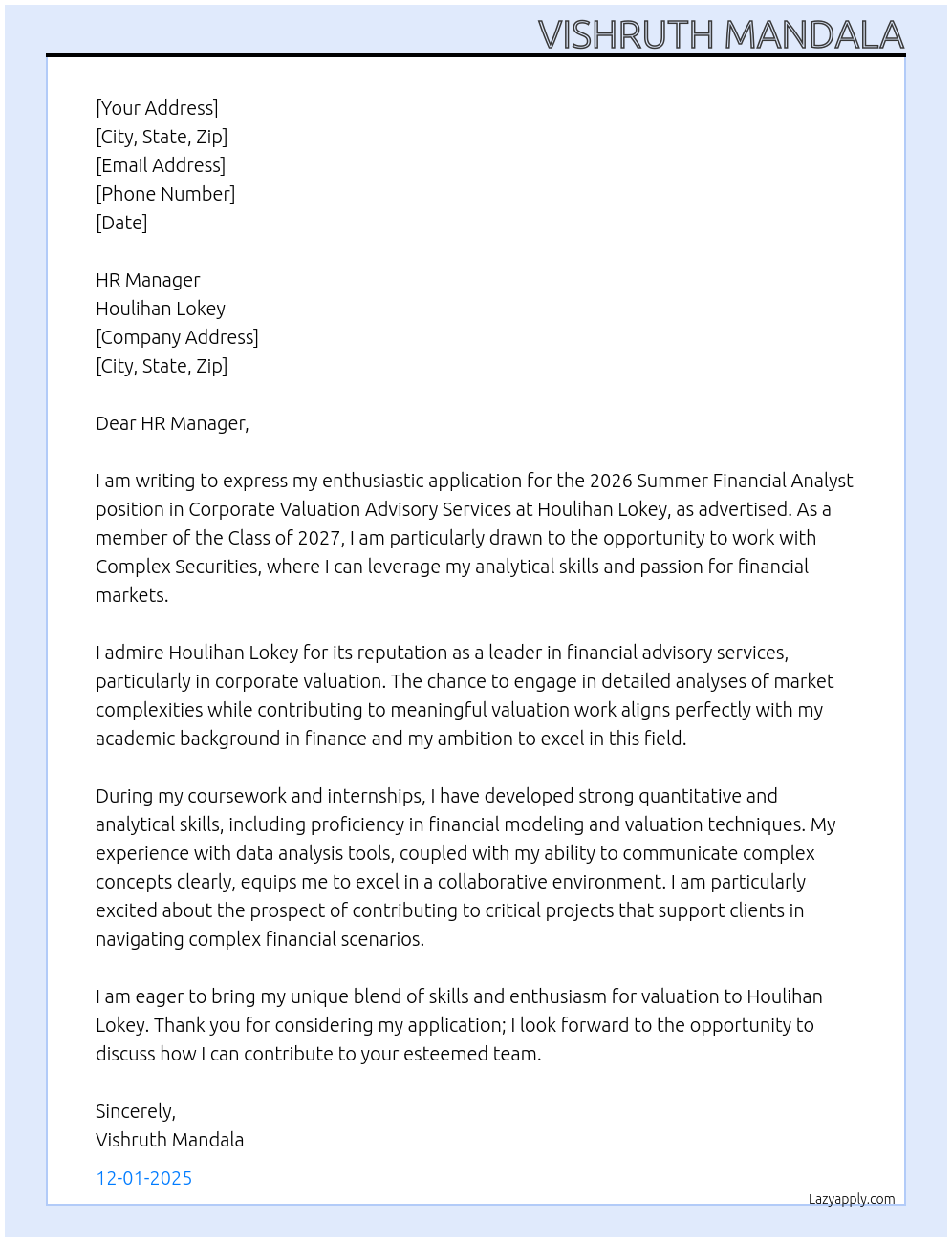 2026 Summer Financial Analyst (Class of 2027), Corporate Valuation Advisory Services, Complex Securities At Houlihan Lokey Cover Letter