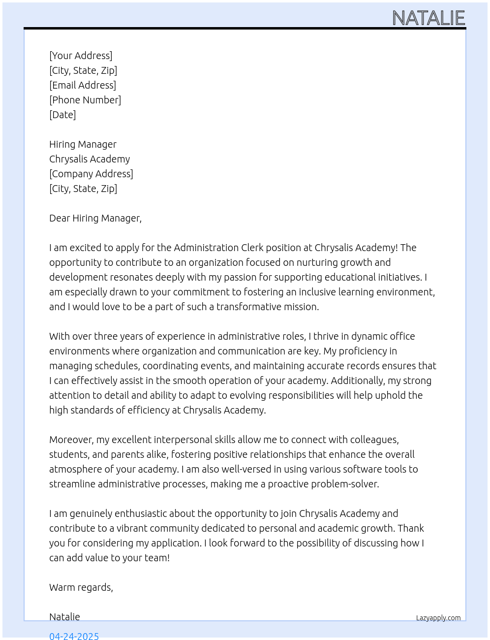 Administration Clerk At Chrysalis Academy Cover Letter