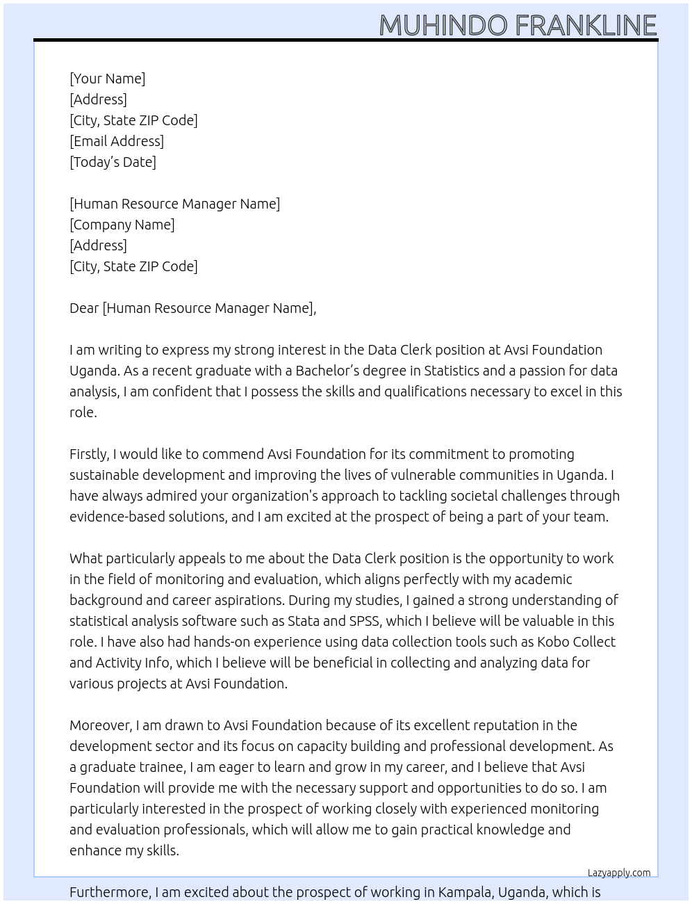 Data clerk At Avsi foundation Uganda Cover Letter