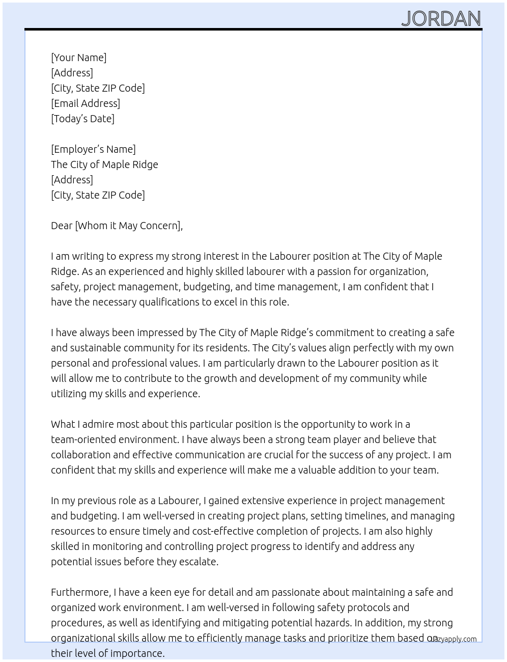 Labourer At The City of Maple Ridge Cover Letter