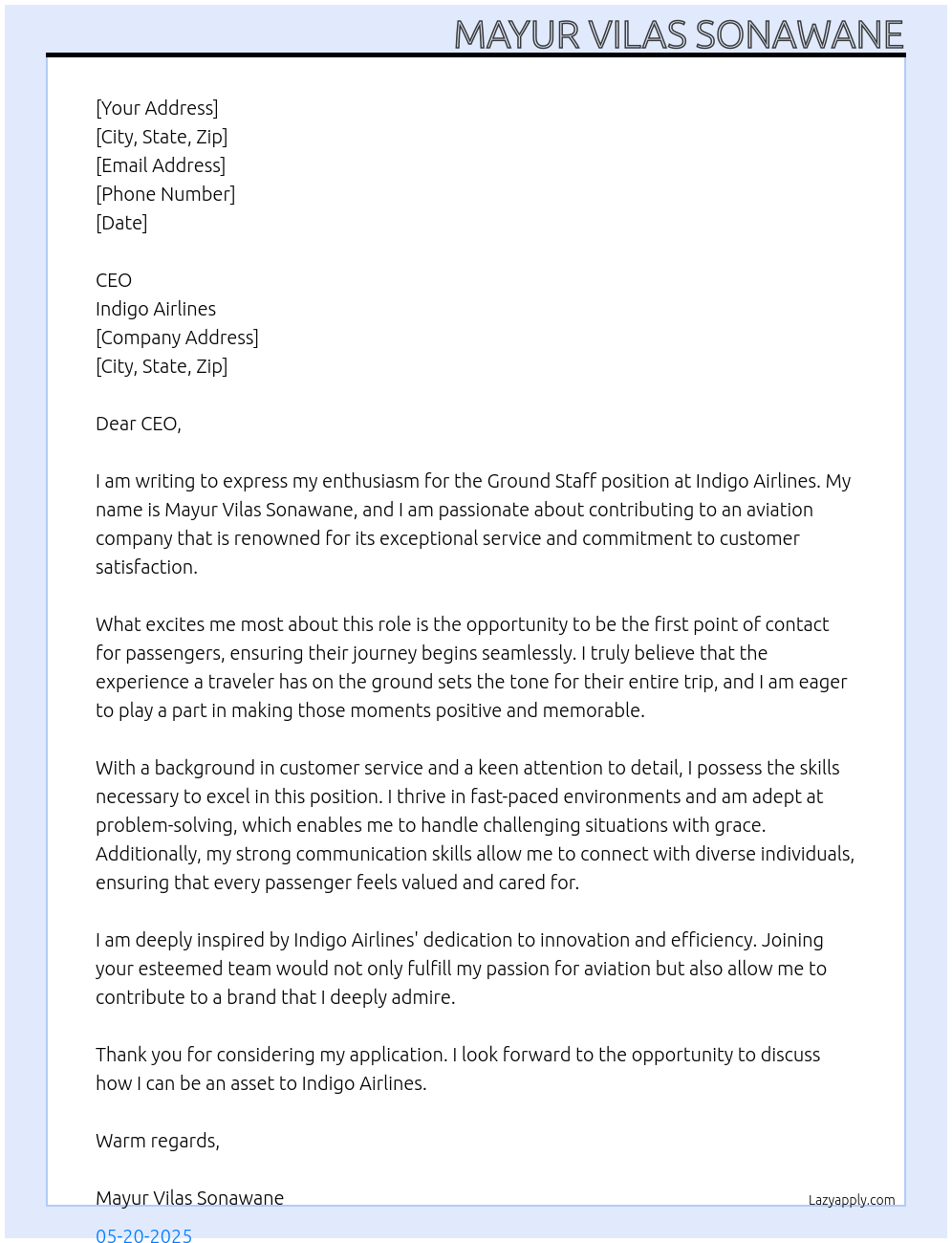 Ground staff At Indigo airlines Cover Letter