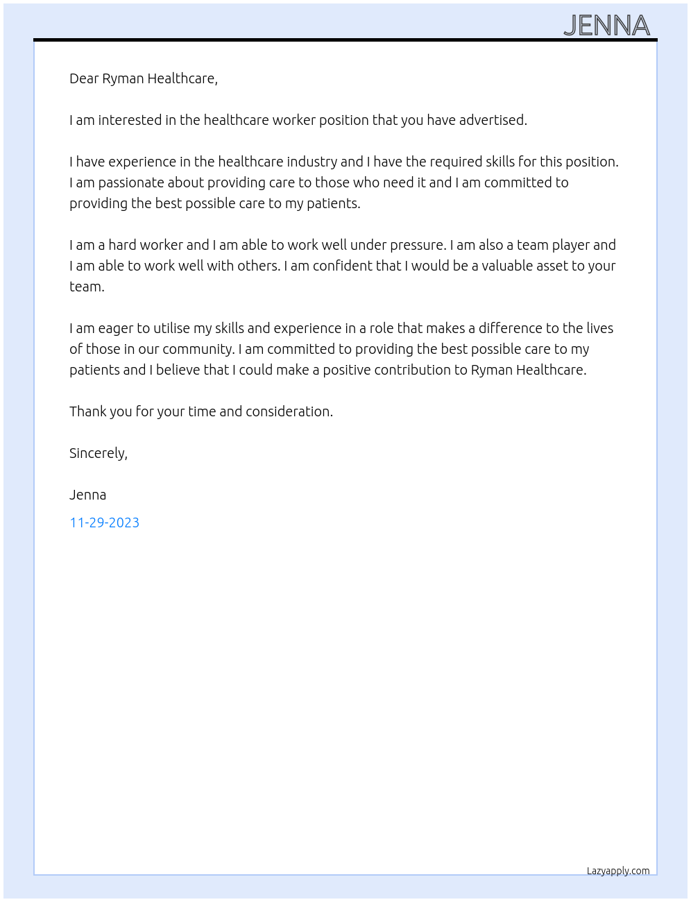 healthcare worker At ryman healthcare  Cover Letter