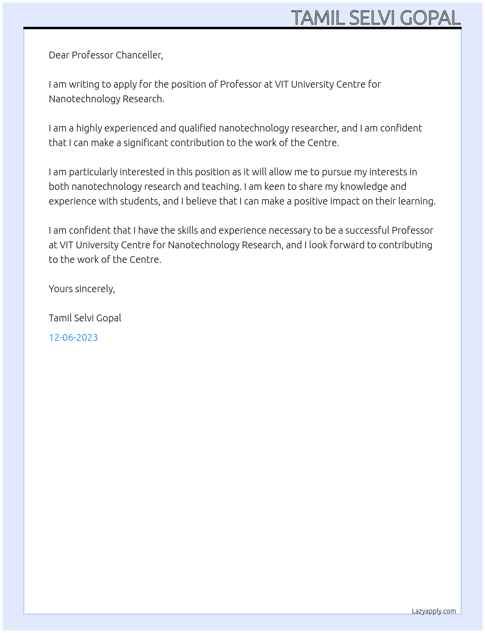 Professor At VIT University Centre for Nanotechnology Research Cover Letter