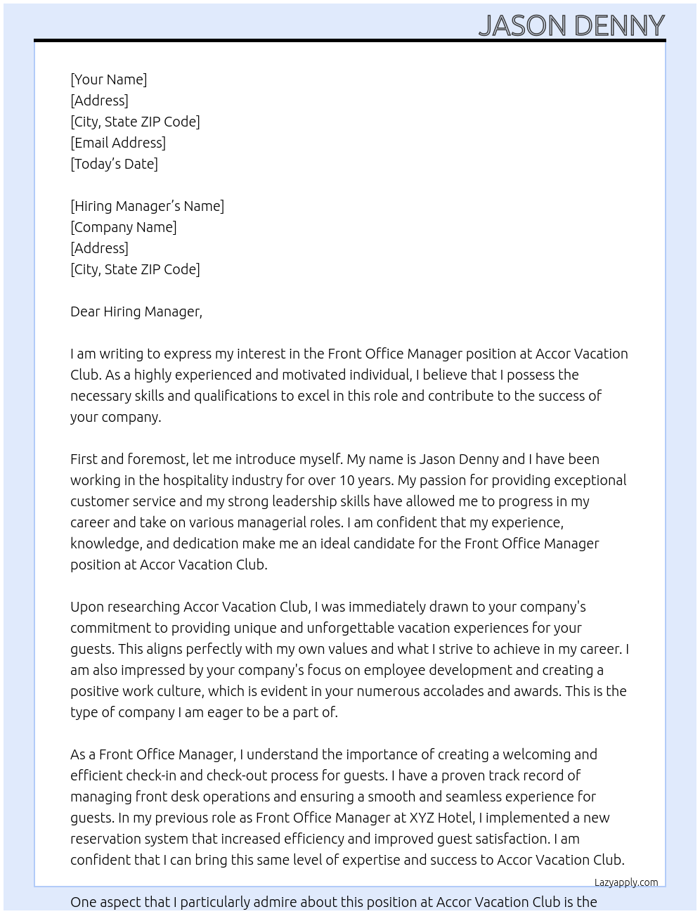 Front Office Manager At Accor Vacation Club Cover Letter