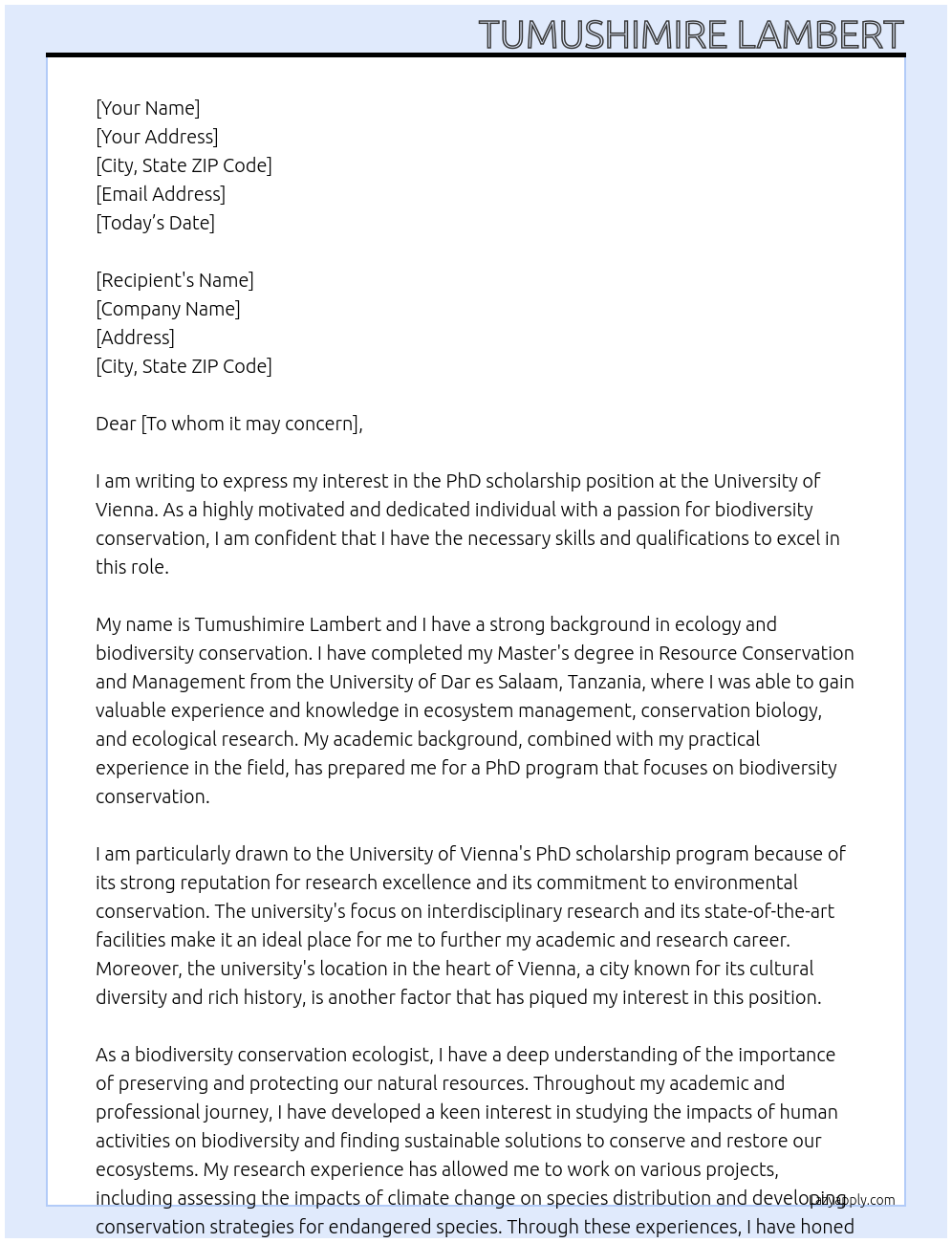 PhD scholarship At University of Vienna Cover Letter