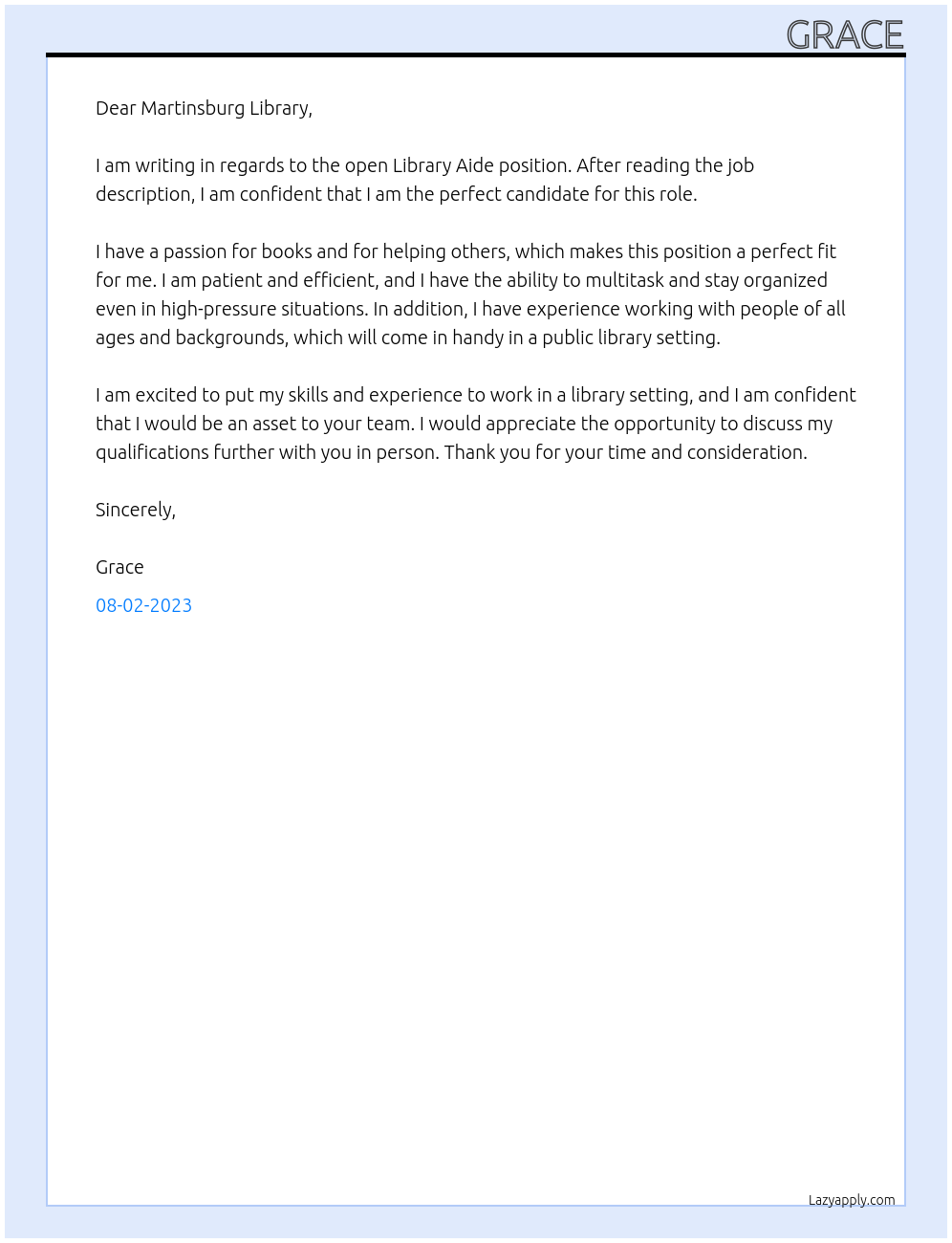 Library aide At Martinsburg library  Cover Letter