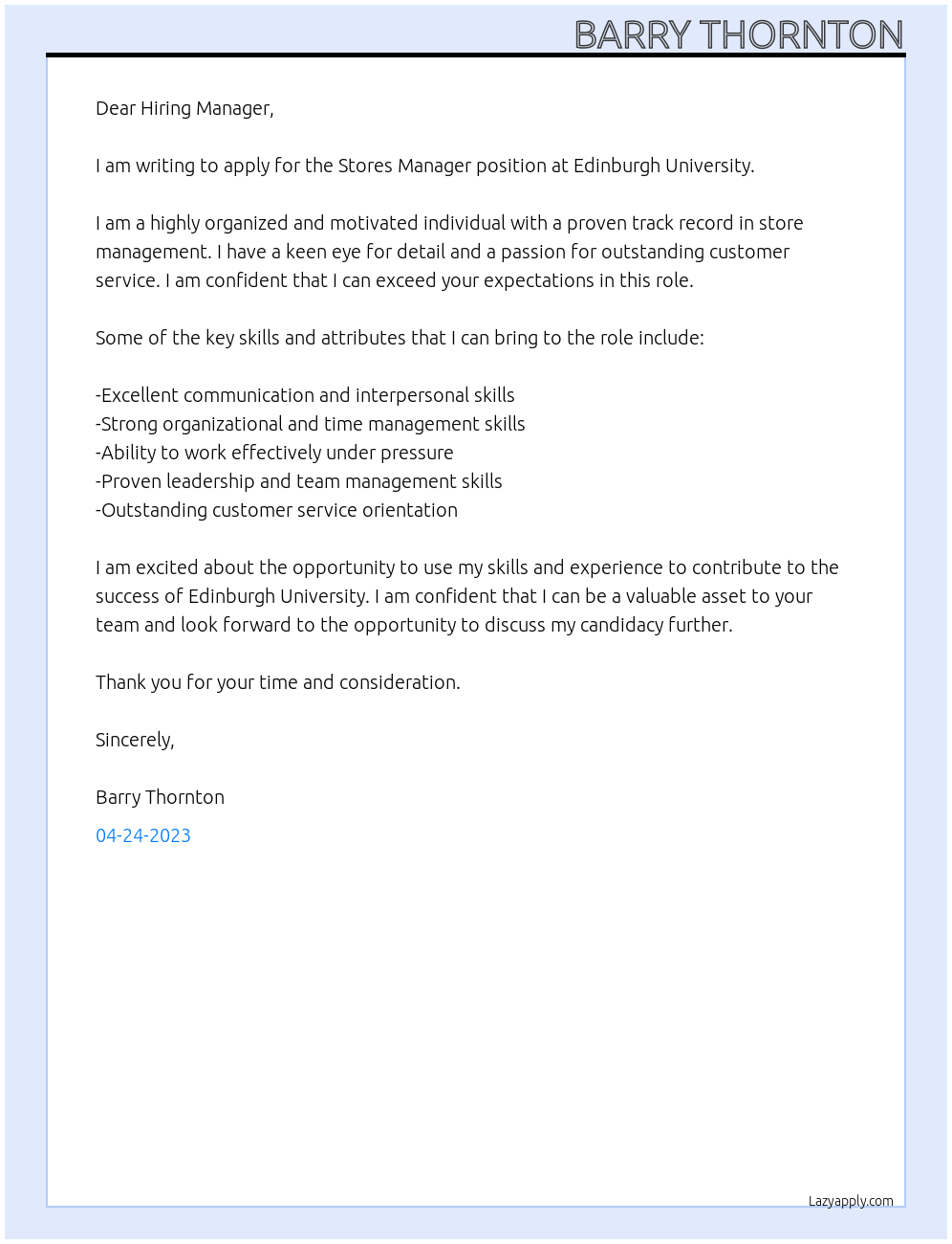 Stores Manager At Edinburgh University Cover Letter