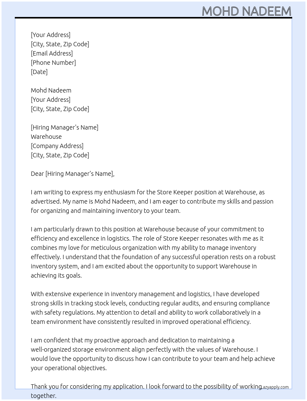 store keeper At warehouse Cover Letter