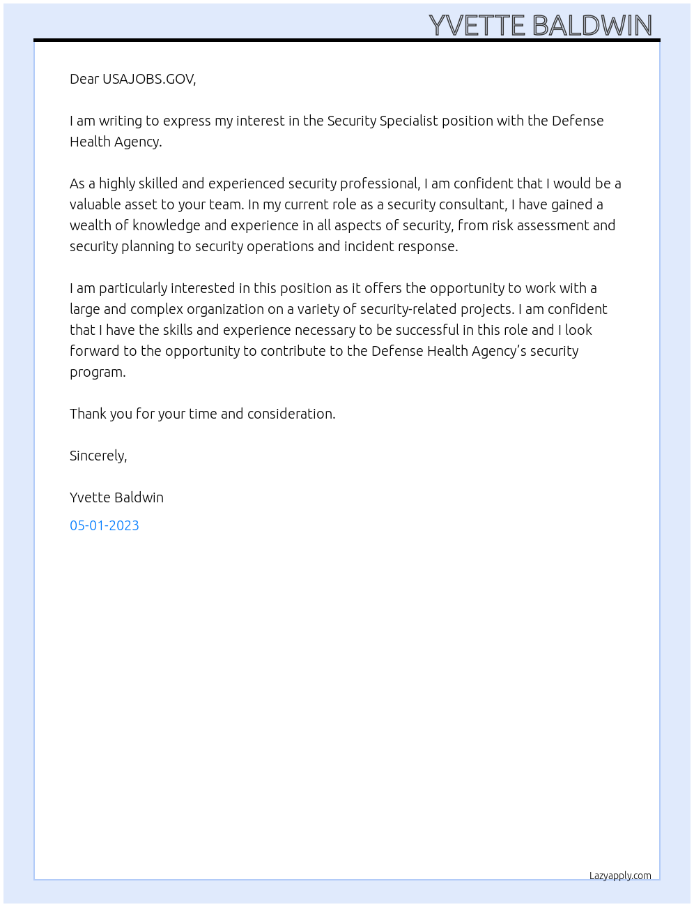 Security Specialist At Defense Health Agency Cover Letter