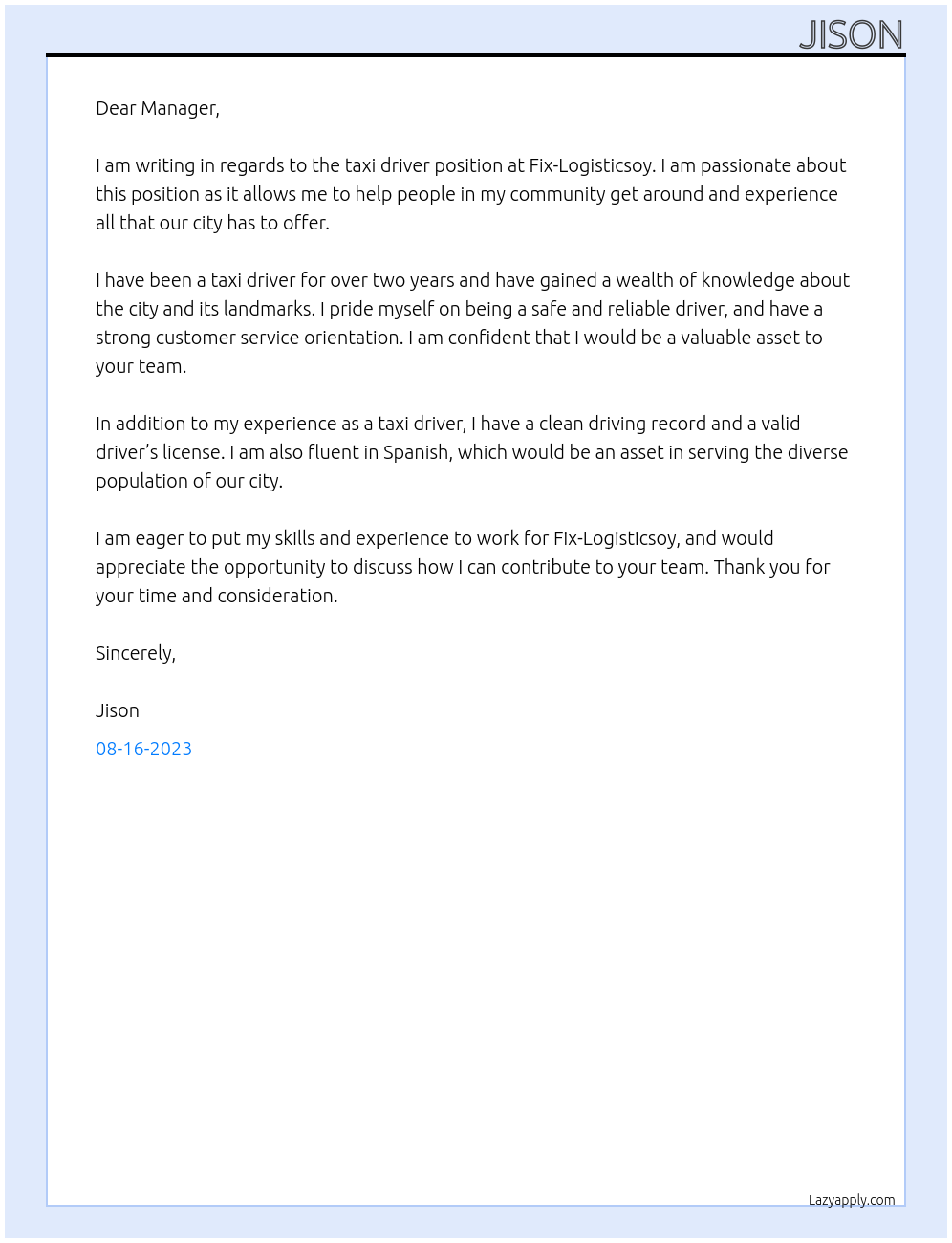 taxi driver At Fix-Logisticsoy Cover Letter