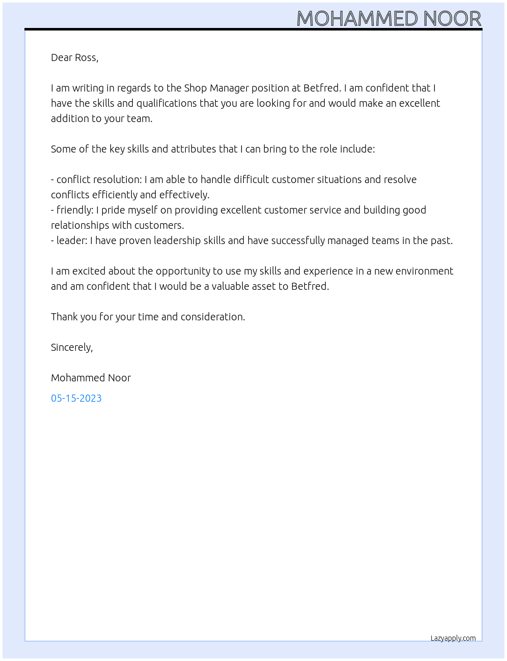 Shop manager At Betfred Cover Letter