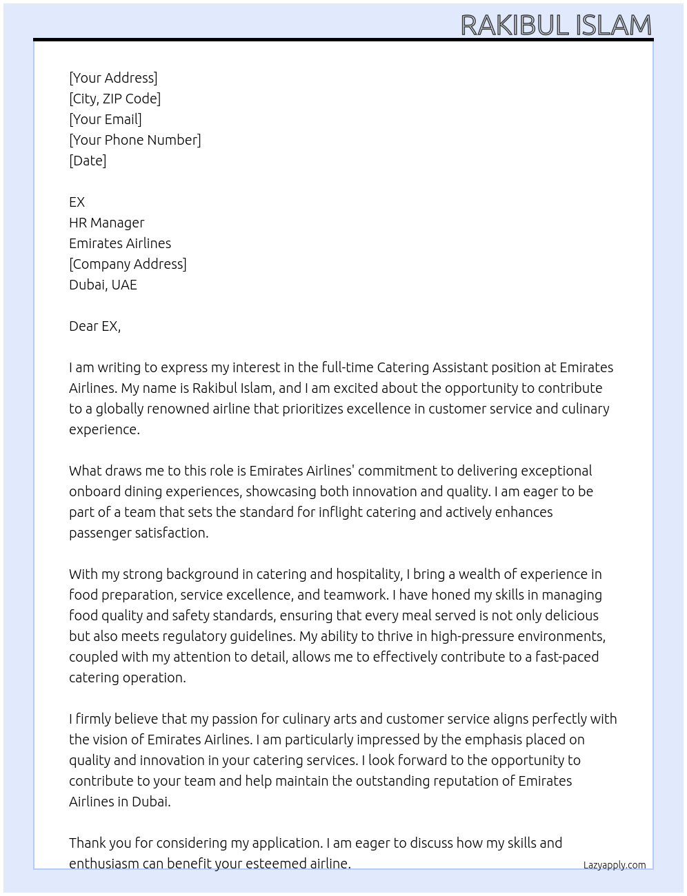 Catering Assistant At Emirates Airlines Cover Letter