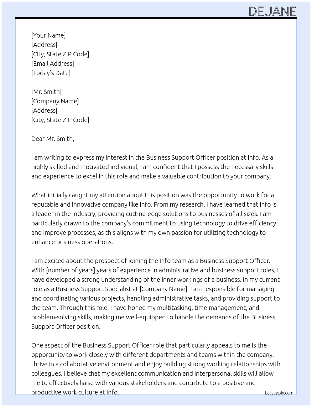 Business Support Officer At INfo Cover Letter