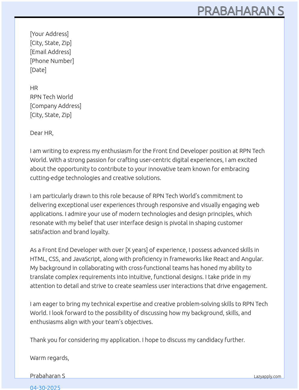 Front End Developer At RPN Tech World Cover Letter