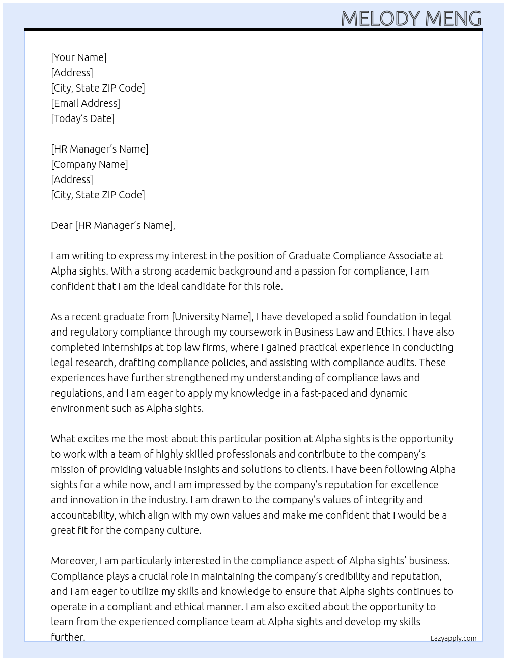 Graduate Compliance Associate At Alpha sights Cover Letter