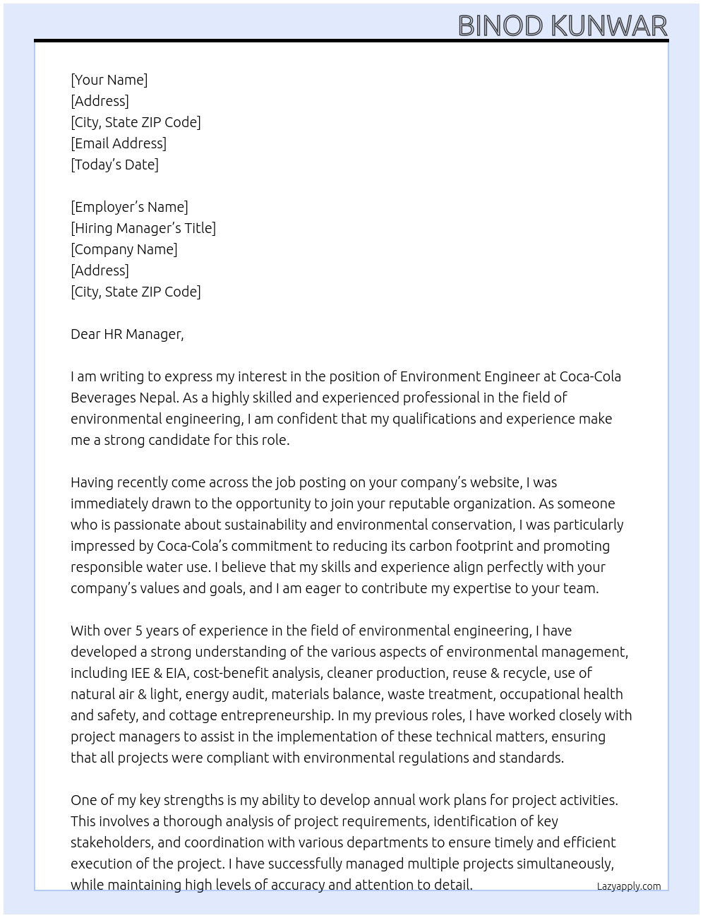 Environment Engineer,  At Coca-Cola Beverages Nepal  Cover Letter