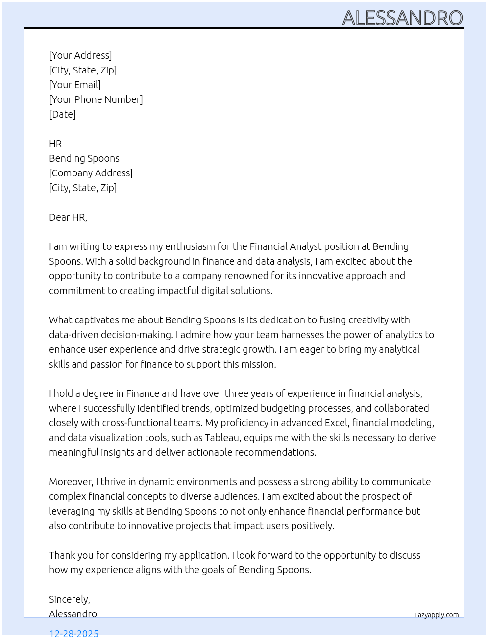 Financial Analyst At Bending Spoons Cover Letter